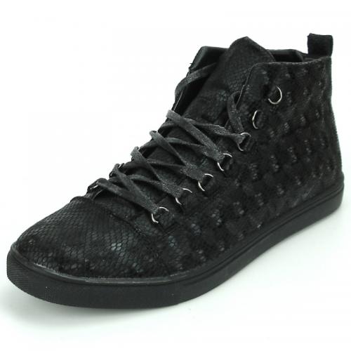 Fiesso Black PU Leather Casual High Top Sneakers FI2340.
