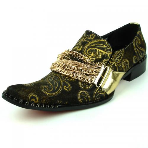 Fiesso Gold/ Black Genuine Leather With Golden Chain Ornament /Metal Tip Slip-On FI7322.