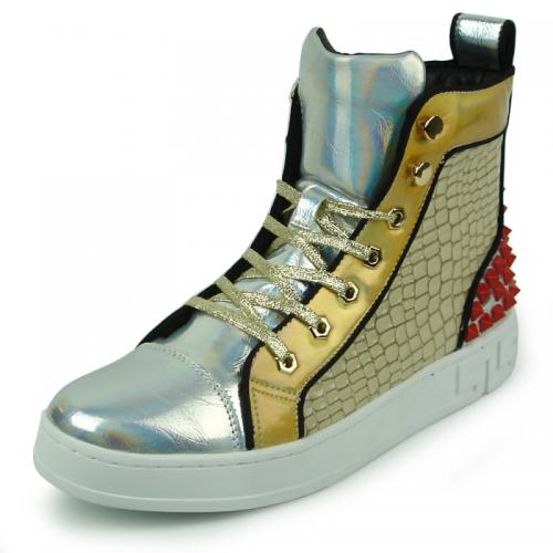 Encore by Fiesso Gold / Silver Genuine Leather Casual High Top Sneakers Boot FI2362.