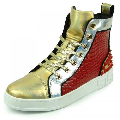 Encore by Fiesso Silver/ Gold / Red  Genuine Leather Casual High Top Sneakers Boot FI2362.