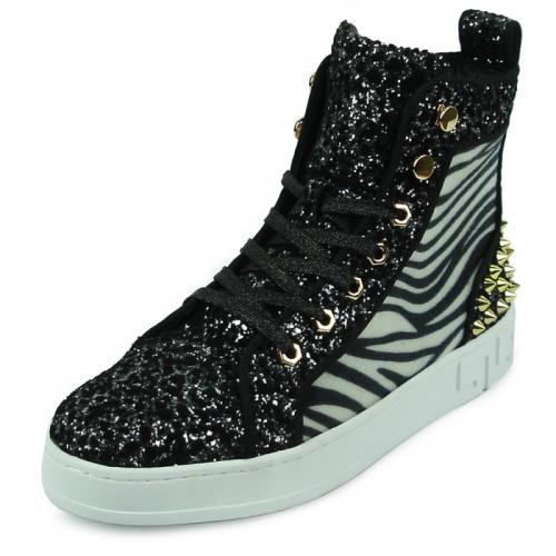 Encore by Fiesso Black/ Zebra Genuine Leather High Top Sneakers with Golden Spikes FI2347.