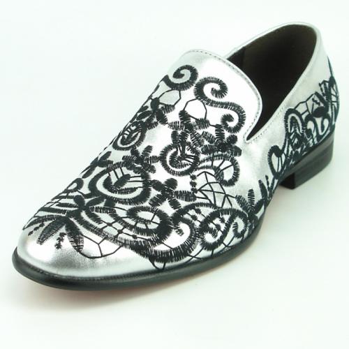 Fiesso Silver Genuine Leather With Black Embroidery Slip On FI7358.
