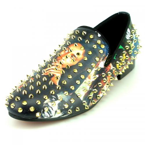 Fiesso Bob Marley Print With Gold Spikes Slip-OnLoafer F17338.