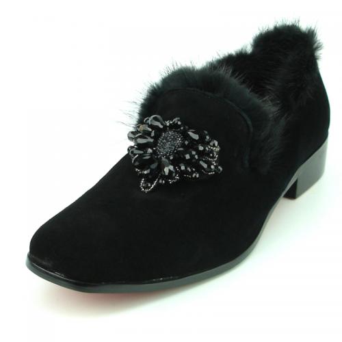 Fiesso Black Suede With Rhinestones / Fur Slip-On Shoes FI7306.