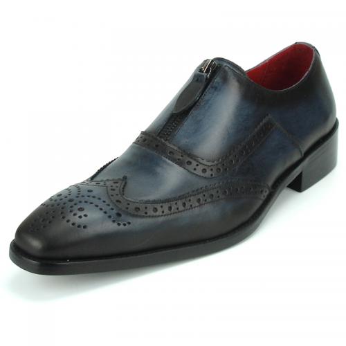 Encore by Fiesso Black Genuine Leather Wing Tip With Front Zipper FI8714.