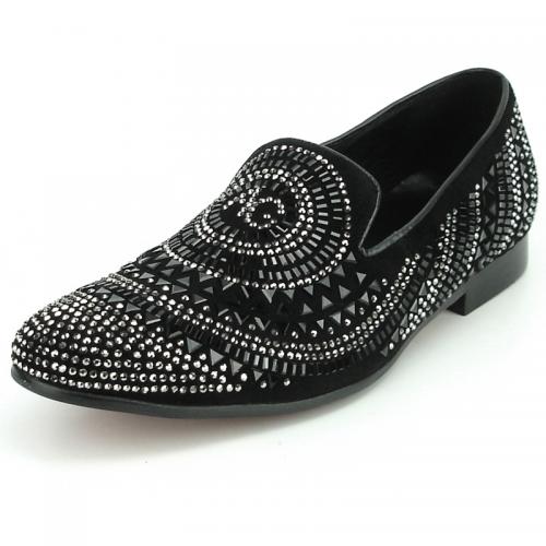 Fiesso Black Genuine Suede Leather With Silver Rhinestones Slip-On Loafer FI7220 .