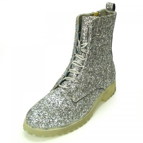 Encore By Fiesso Silver Glitter PU Leather High Top Sneakers Boot FI2285.