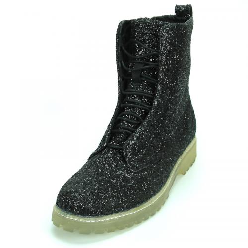 Encore By Fiesso Black Glitter PU Leather High Top Sneakers Boot FI2285.