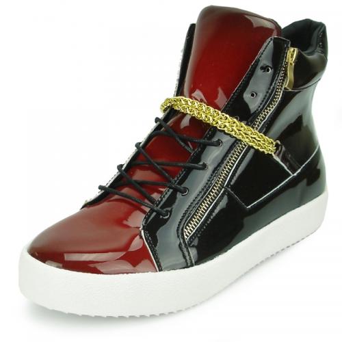 Encore By Fiesso Black / Red PU Leather High Top Sneakers With Gold Chain FI2334.