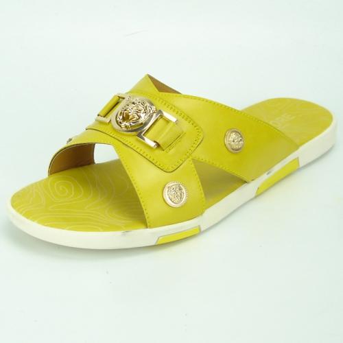 Encore By Fiesso Yellow PU Leather Gold Lion head Slide in Sandals FI2320.