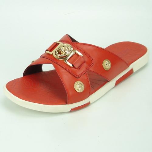 Encore By Fiesso Red PU Leather Gold Lion head Slide in Sandals FI2320.