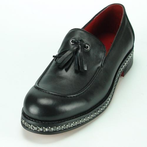 Fiesso Black Genuine Leather Slip-On Tassel Shoes With  Silver Sole Bracelet FI7123.