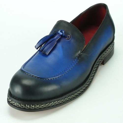 Fiesso Blue Genuine Leather Slip-On Tassel Shoes With  Silver Sole Bracelet FI7123.
