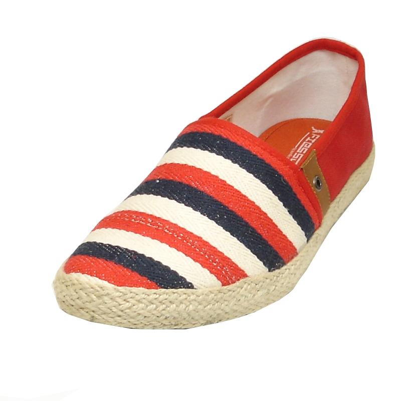red and white loafers