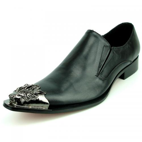 Fiesso Black Genuine Leather With Metal Lion Tip Loafer Shoes FI6909.