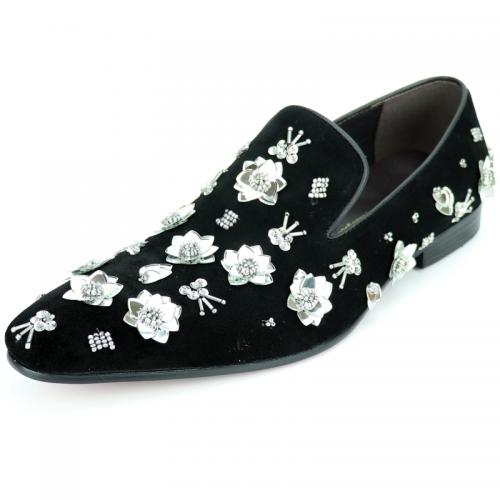 Fiesso Black  Genuine Suede Leather Silver Flowers Embroidery Loafer FI7272.