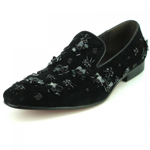 Fiesso Black Genuine Suede Leather With Flowers Embroidery Loafer FI7272. .