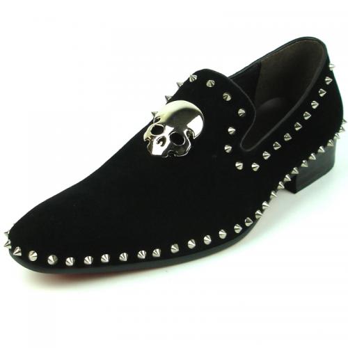Fiesso Black Genuine Suede Leather with Silver Skull / Spikes Slip-On FI7199.