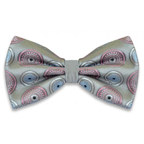 Gianfranco Grey / Pink / Light Blue Circular Design Silk Bow Tie / Hanky Set 3463