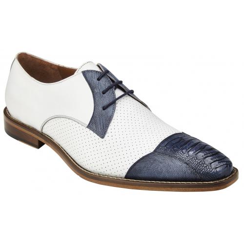 Belvedere "Monaco" White / Blue Genuine Ostrich / Italian Calf Cap-Toe Shoes 4B0.