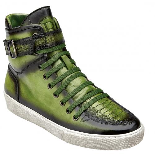 Belvedere "Taylor" Antique Emerald Genuine Ostrich / Soft Calf Lace-Up Monk Strap High Top Sneakers Y08.