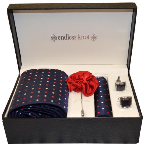 Endless Knot Navy / Red / White Polka Dot Silk Necktie / Lapel Pin / Cufflink Gift Set GBS3