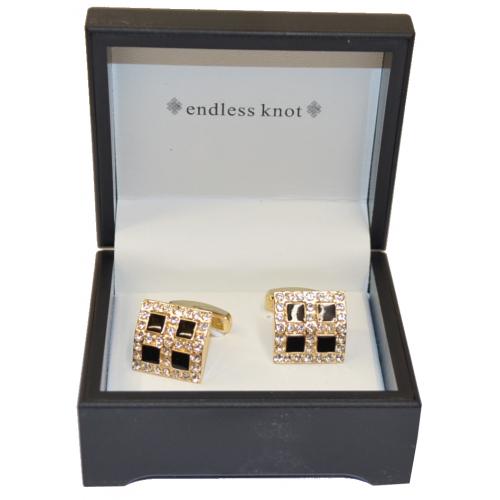 Endless Knot Gold Plated / Black Onyx Rhinestone Square Cufflink Set CDC515