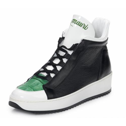 Mauri ''Arno'' 6139 Black / White / Emerald Green Genuine Patent Leather / Baby Crocodile / Calf High Top Lace-Up Sneakers.