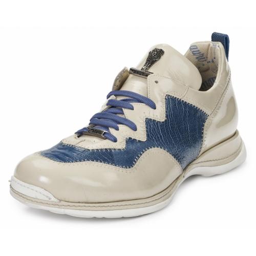 Mauri ''Tanaro'' 8696 Beige / Caribbean Blue Genuine Baby Patent Leather / Ostrich Leg Casual Sneakers.