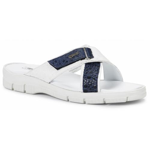 Mauri ''Sesia'' 5063 White / Wonder Blue Genuine Ostrich / Frog Slide-In Sandals.