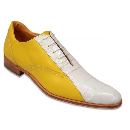Mauri "M750/1" White Genuine Crocodile / Yellow Calf Pointed Toe Shoes.