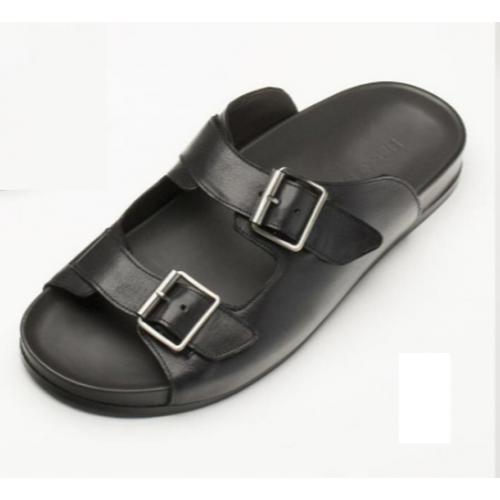 Bacco Bucci "Pistilli" Black Genuine Calfskin Open Toe Monk Strap Slide Sandals 6415-62.