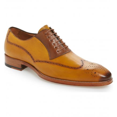 Mezlan "Kelvin" Mustard / Cognac Burnished Calfskin Wing Tip Oxford Shoes 6657