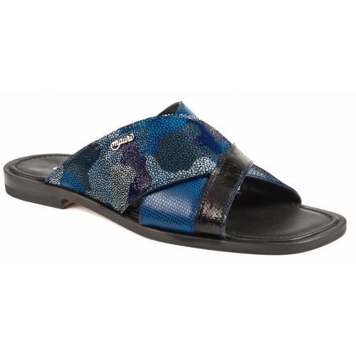 Mauri "1583/4" Black / Bluette Genuine  Karung / Kidskin Slide-In Open Toe Sandals.