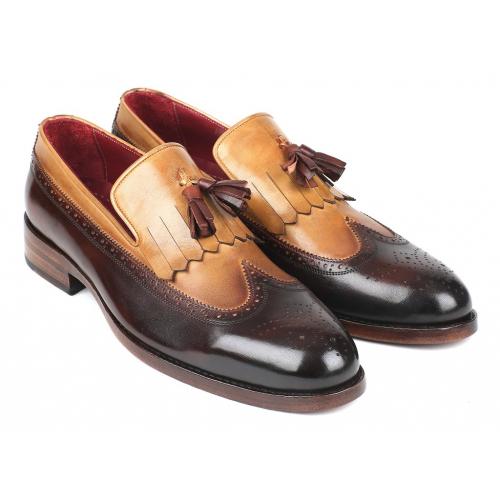 Paul Parkman ''KT57BJ" Brown / Beige Genuine Leather Kiltie Tassel Loafers.