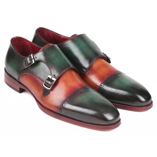 Paul Parkman ''045GC61" Green / Camel  Genuine Leather Cap Toe Double Monkstrap Shoes.