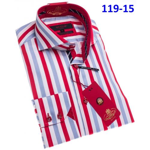 Axxess Burgundy / Grey / White Stripes Cotton Modern Fit Dress Shirt With Button Cuff 119-15.