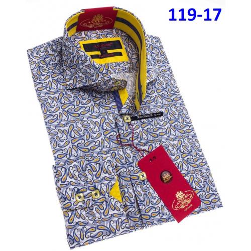Axxess Blue / Yellow / Silver Grey Paisley Design Cotton Modern Fit Dress Shirt With Button Cuff 119-17.