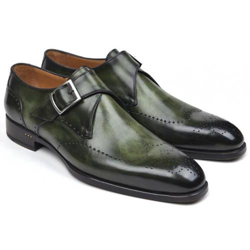 Paul Parkman ''98F54-GRN" Green Genuine Leather Monkstrap Wingtip Shoes.