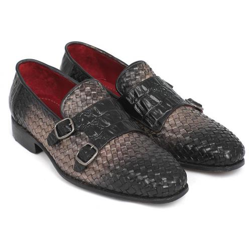 Paul Parkman ''HK588-GRY" Grey Genuine Woven / Crocodile Embossed Leather Double Monkstraps Loafers.