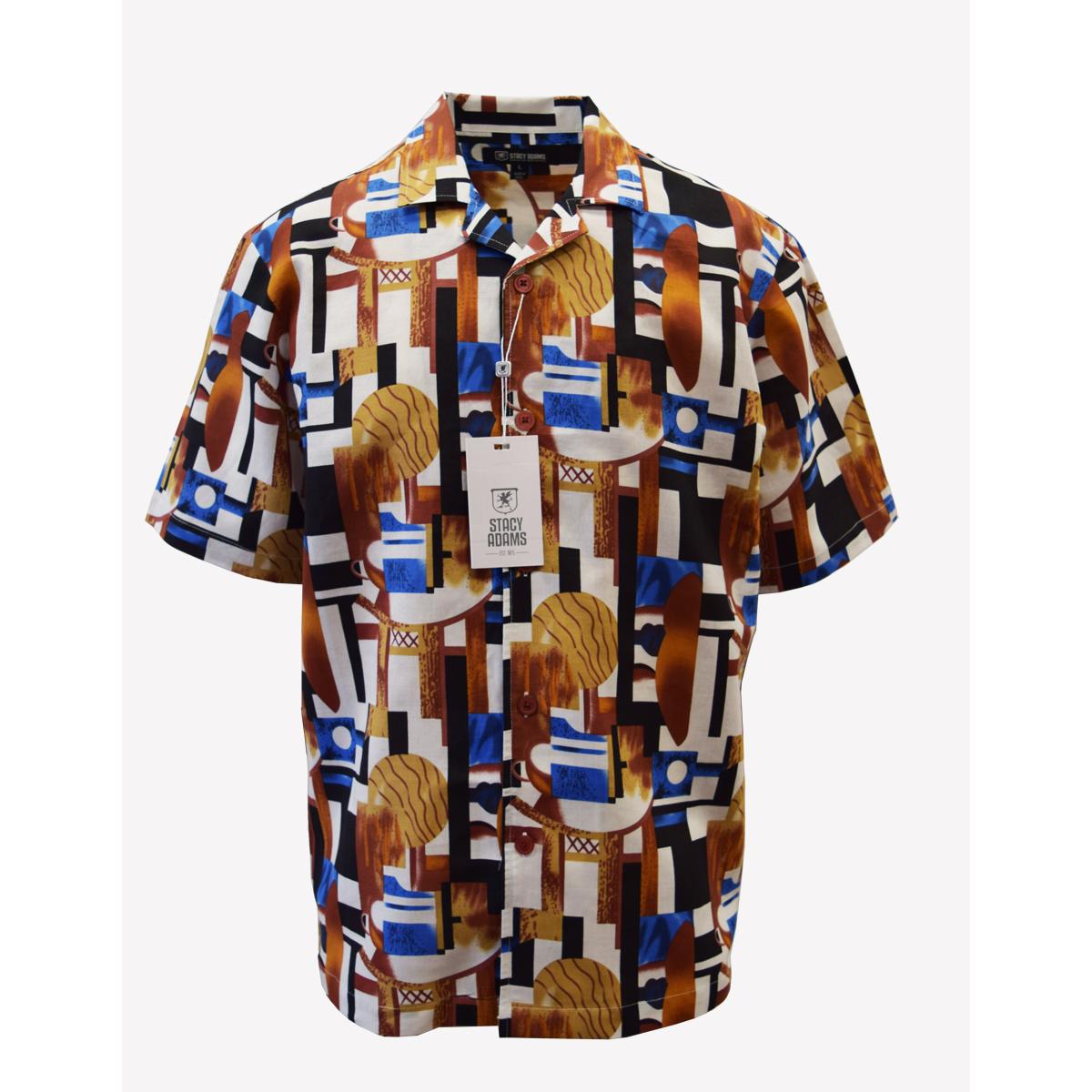 Stacy Adams Cognac / White / Blue / Black Abstract Design Short Sleeve  Linen Shirt 4574