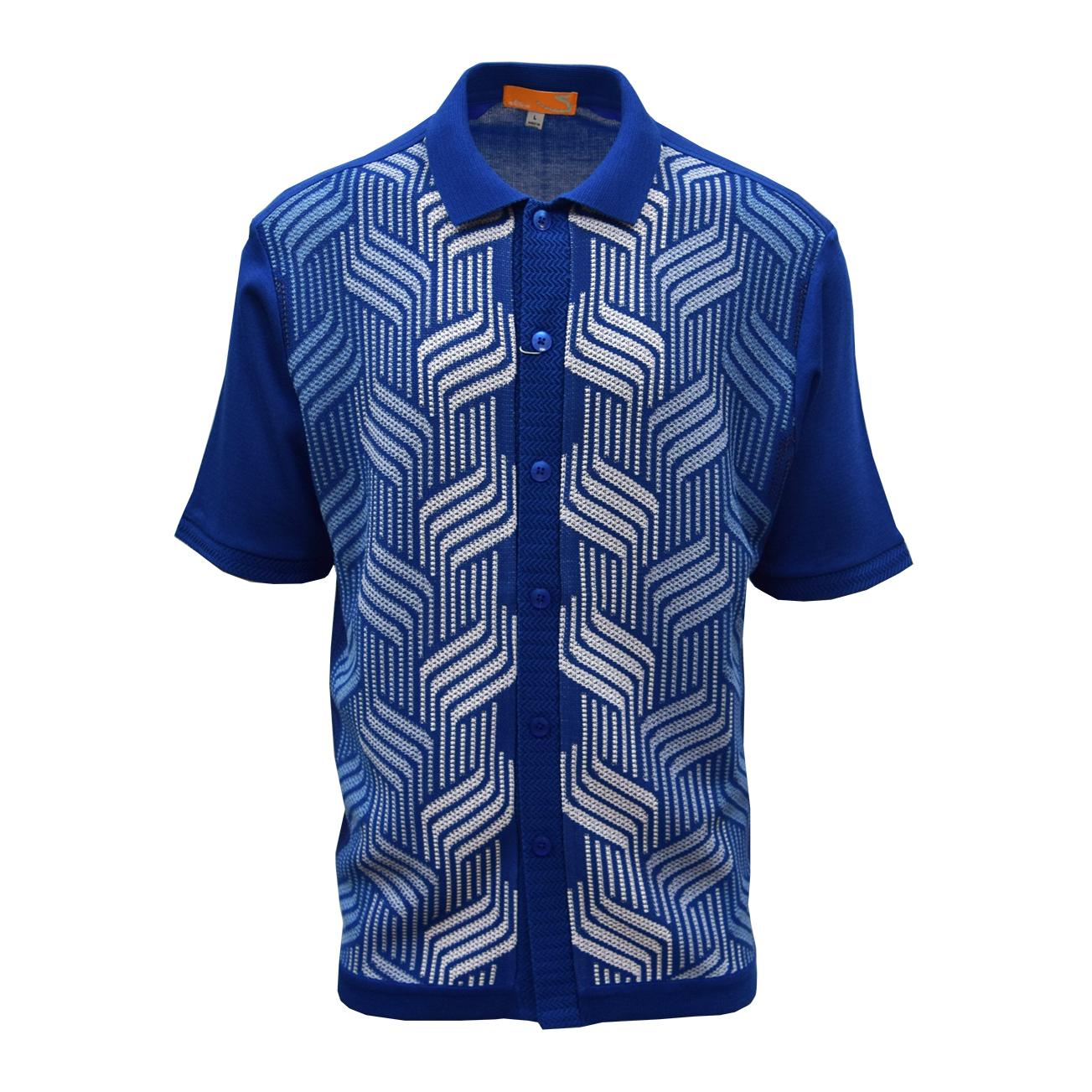 Silversilk Prussian Blue / White / Sky Button Up Knitted Short Sleeve ...