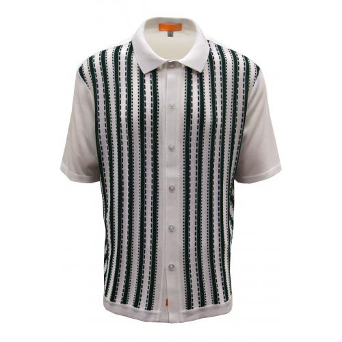 Silversilk White / Hunter Green Button Up Knitted Short Sleeve Shirt 6120