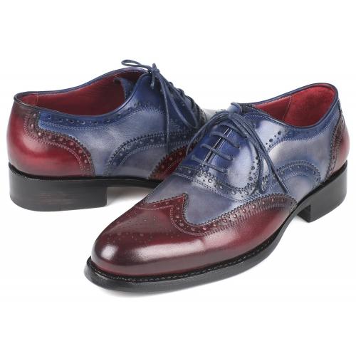 Paul Parkman "BR027GRBL'' Bordeuax Grey / Blue Genuine Leather Wingtip Oxfords Handmade Shoes.