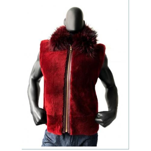 G-Gator Burgundy Genuine Sheepskin Vest With Fox Fur Collar Trimming 5620.