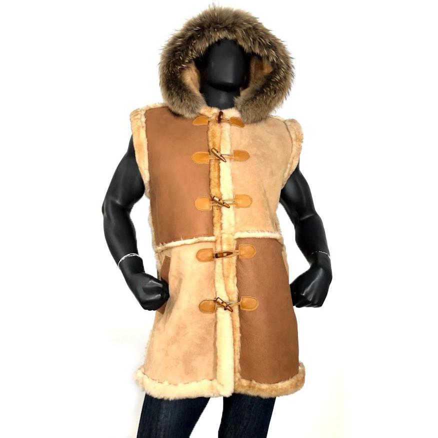 G-Gator Camel / Brown Genuine Sheepskin Shearling Vest With Fox Fur ...