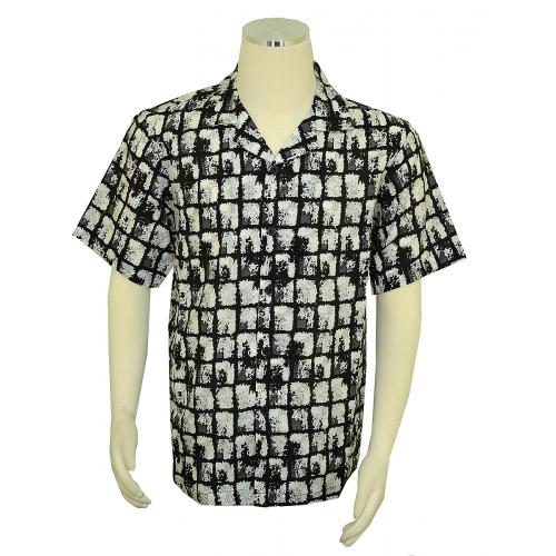 Stacy Adams Black / White Button Up Linen / Cotton Short Sleeve Shirt 6548