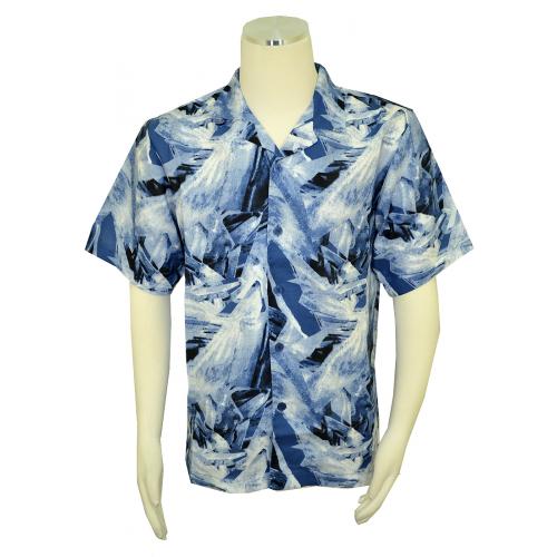 Stacy Adams Denim Blue / Black / White Short Sleeve Linen / Cotton Shirt 6552
