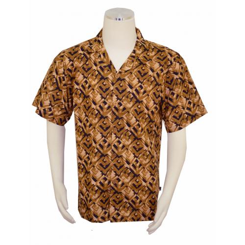 Stacy Adams Caramel / Tan / Black Short Sleeve Linen / Cotton Shirt 6564