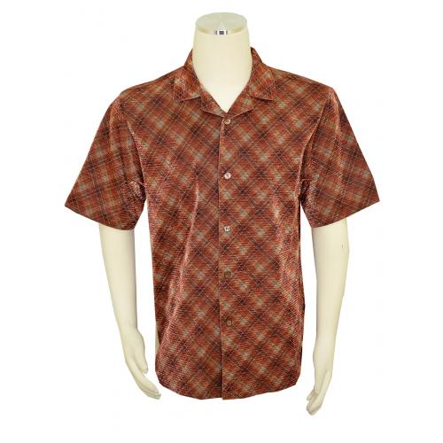 Stacy Adams Cognac / Brown / Navy / Metallic Copper Woven Short Sleeve Shirt 6850